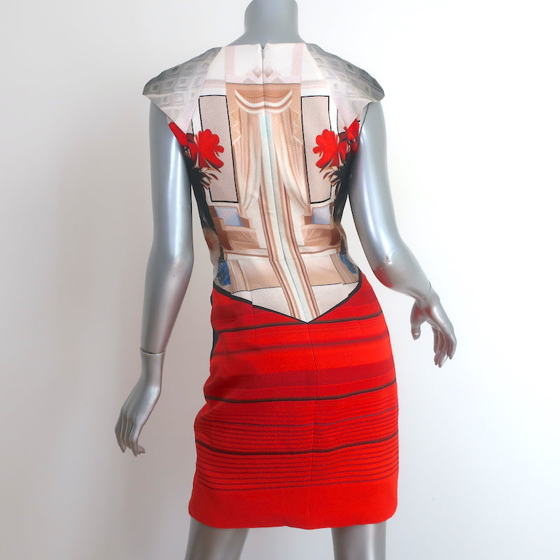 Mary Katrantzou Cap Sleeve Mini Dress Red/Multi Printed Hammered Silk Size 8