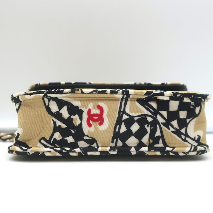 Chanel 23C Checkered Flag Print Mini Crossbody Bag Beige Quilted Fabric NEW