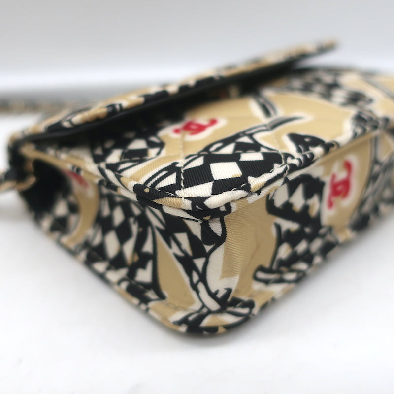 Chanel 23C Checkered Flag Print Mini Crossbody Bag Beige Quilted Fabric NEW