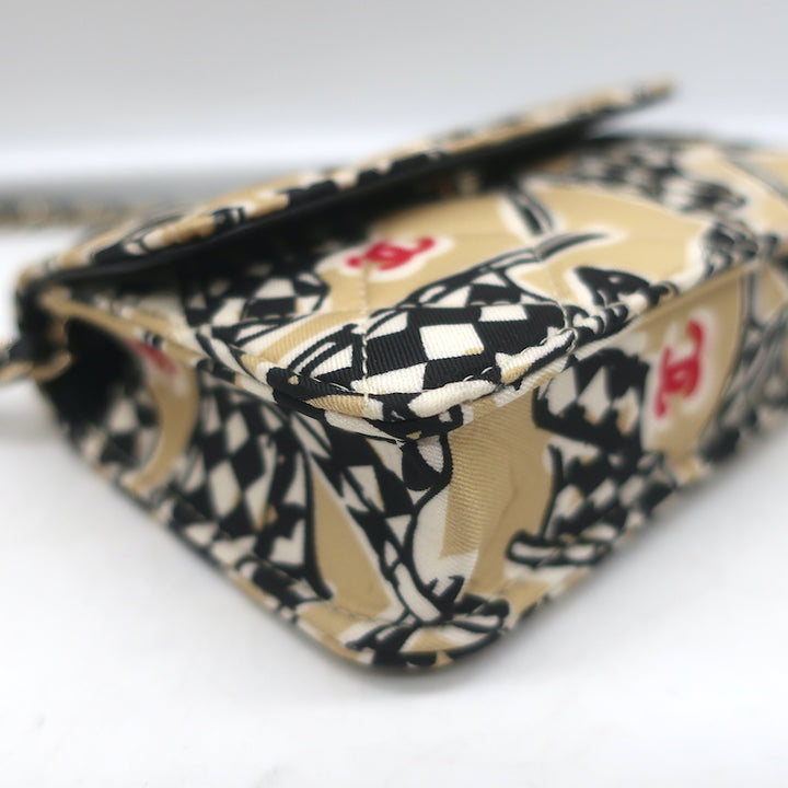 Chanel 23C Checkered Flag Print Mini Crossbody Bag Beige Quilted Fabric NEW
