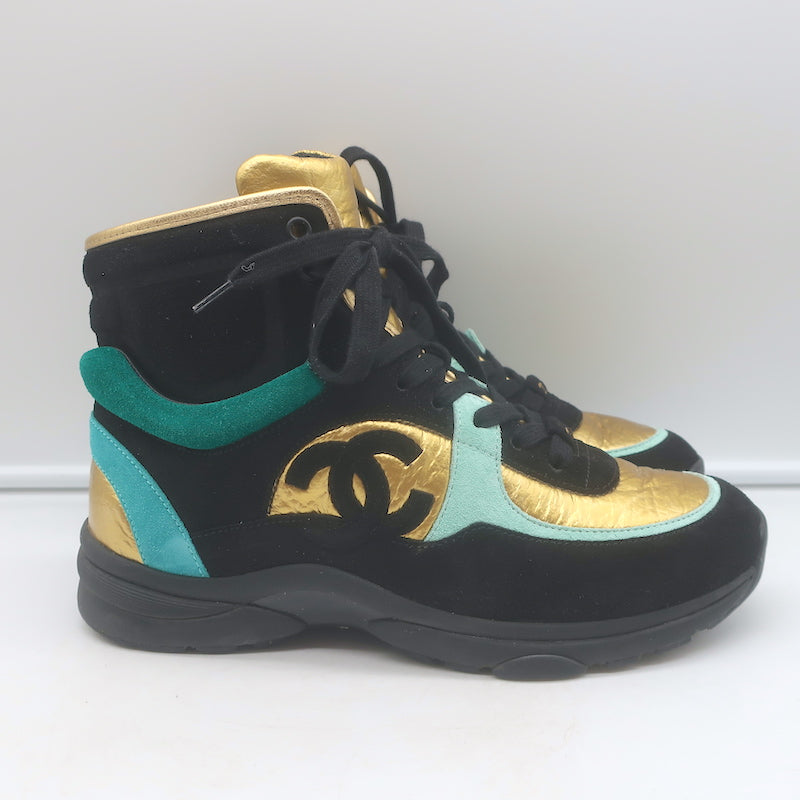 Chanel 19A Lace-Up High Top Sneakers Black Suede &amp; Gold Metallic Leather Size 38