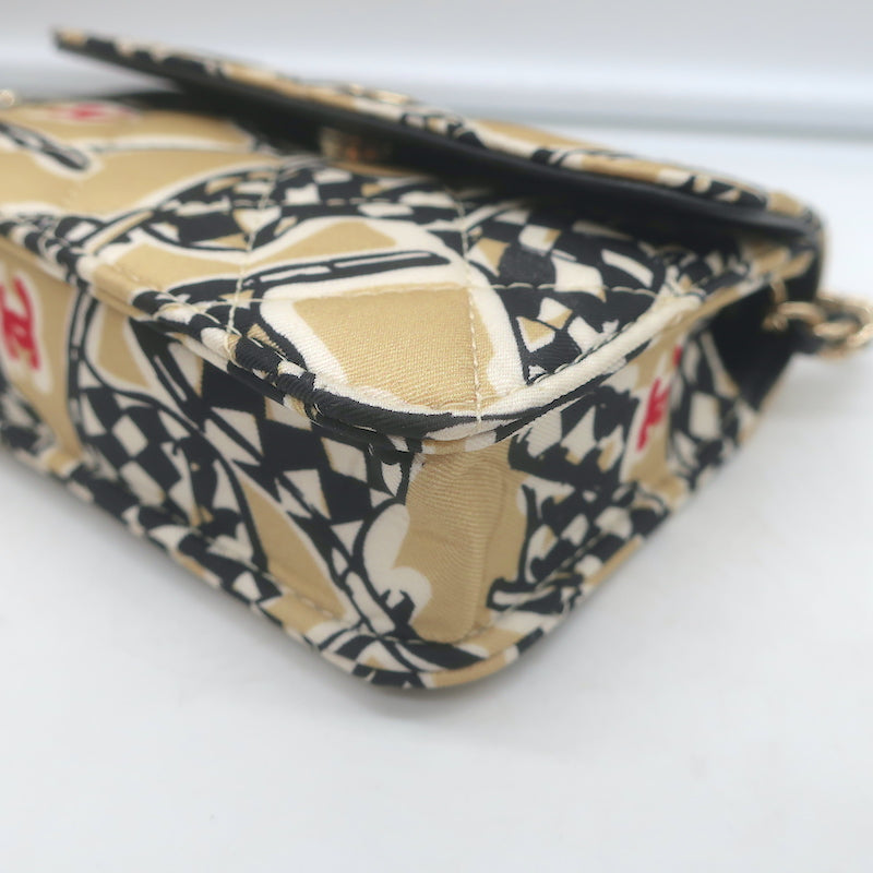 Chanel 23C Checkered Flag Print Mini Crossbody Bag Beige Quilted Fabric NEW