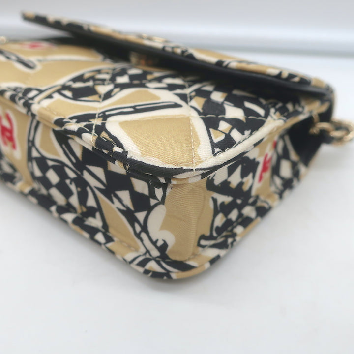 Chanel 23C Checkered Flag Print Mini Crossbody Bag Beige Quilted Fabric NEW