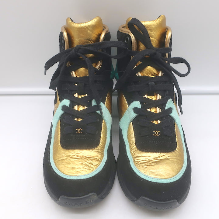 Chanel 19A Lace-Up High Top Sneakers Black Suede &amp; Gold Metallic Leather Size 38