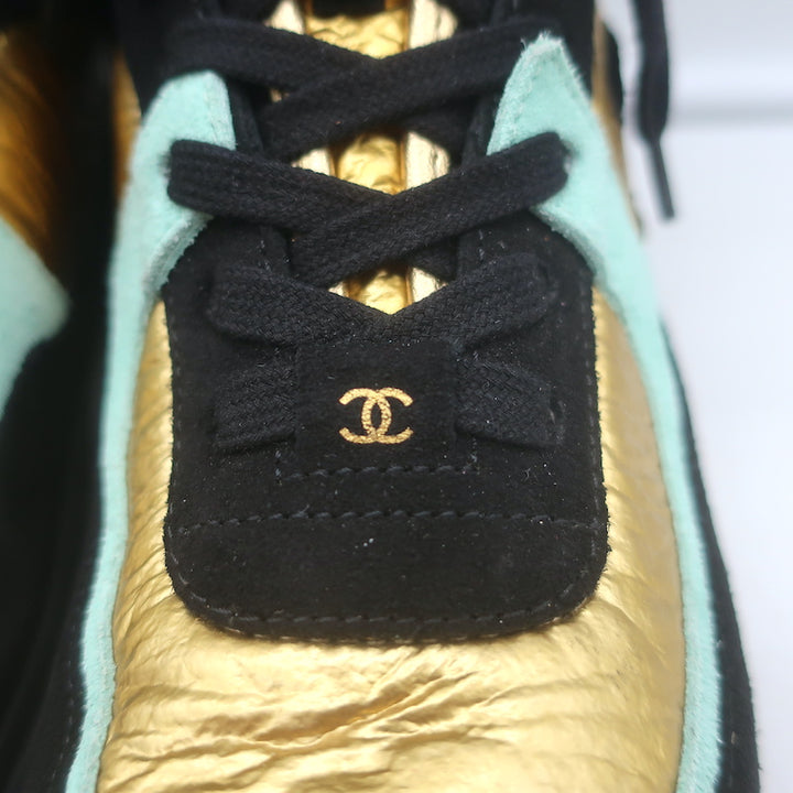 Chanel 19A Lace-Up High Top Sneakers Black Suede &amp; Gold Metallic Leather Size 38