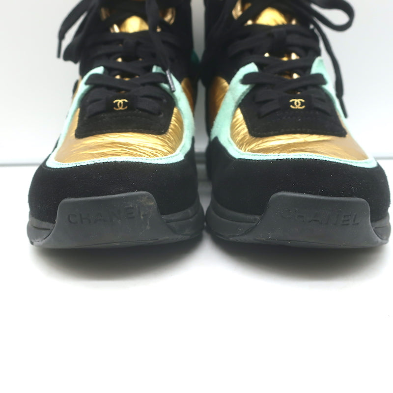 Chanel 19A Lace-Up High Top Sneakers Black Suede &amp; Gold Metallic Leather Size 38