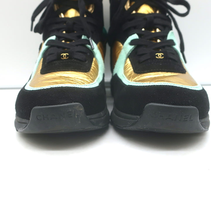 Chanel 19A Lace-Up High Top Sneakers Black Suede &amp; Gold Metallic Leather Size 38