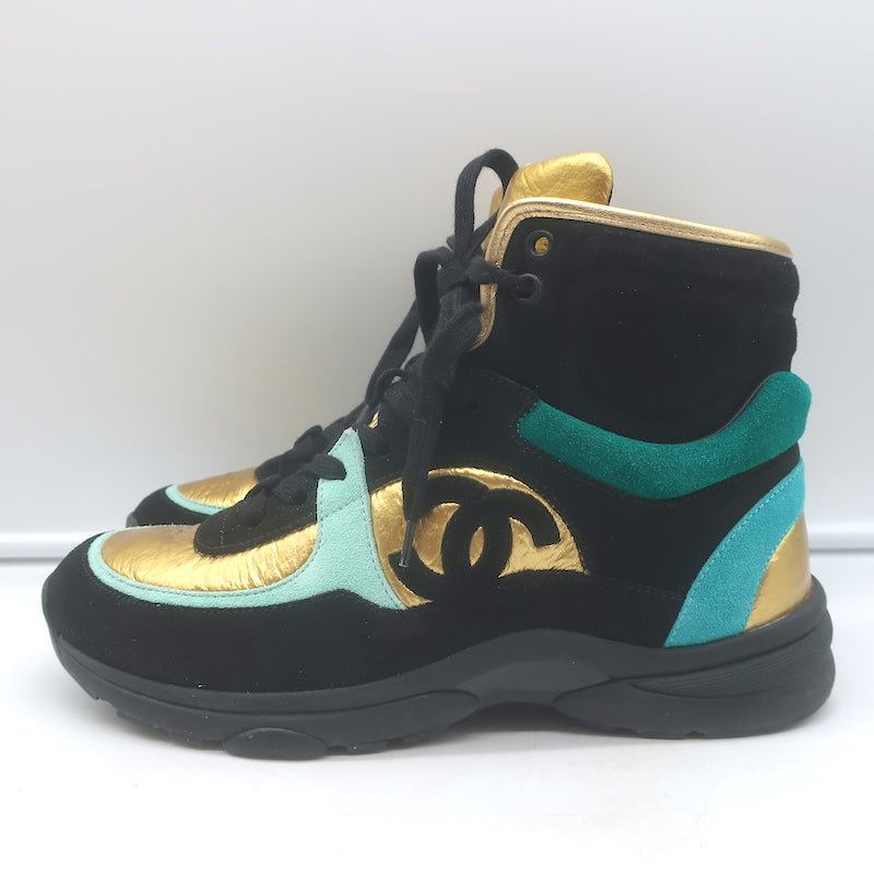 Chanel 19A Lace-Up High Top Sneakers Black Suede &amp; Gold Metallic Leather Size 38