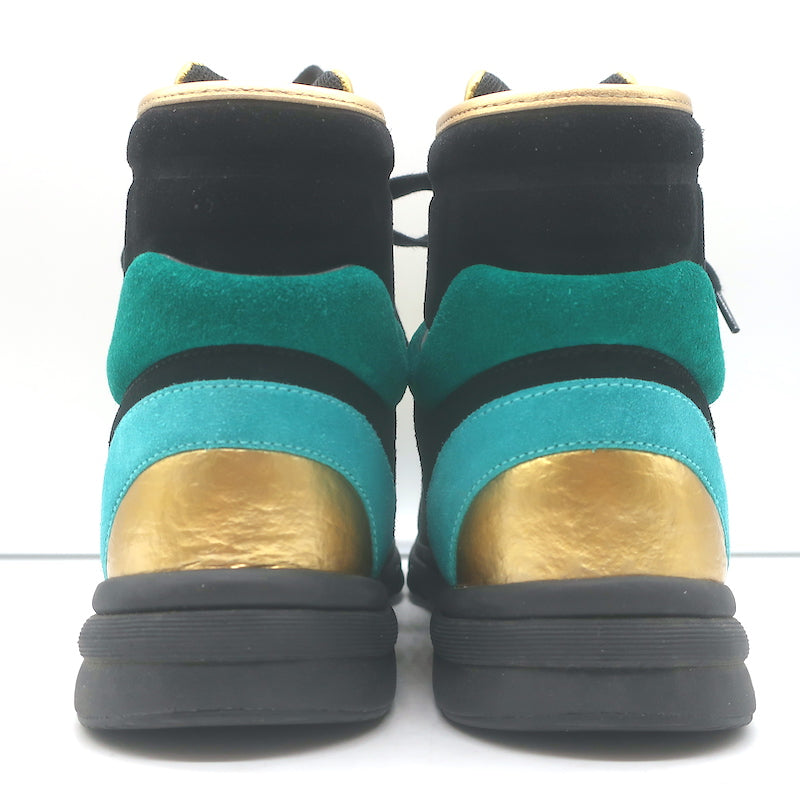 Chanel 19A Lace-Up High Top Sneakers Black Suede &amp; Gold Metallic Leather Size 38