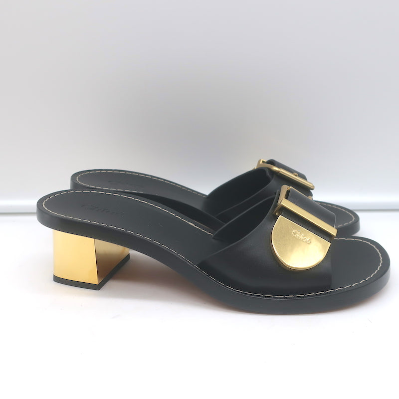 Chloe Rebecca Buckle Mules Black Leather Size 36 Block Heel Sandals NEW
