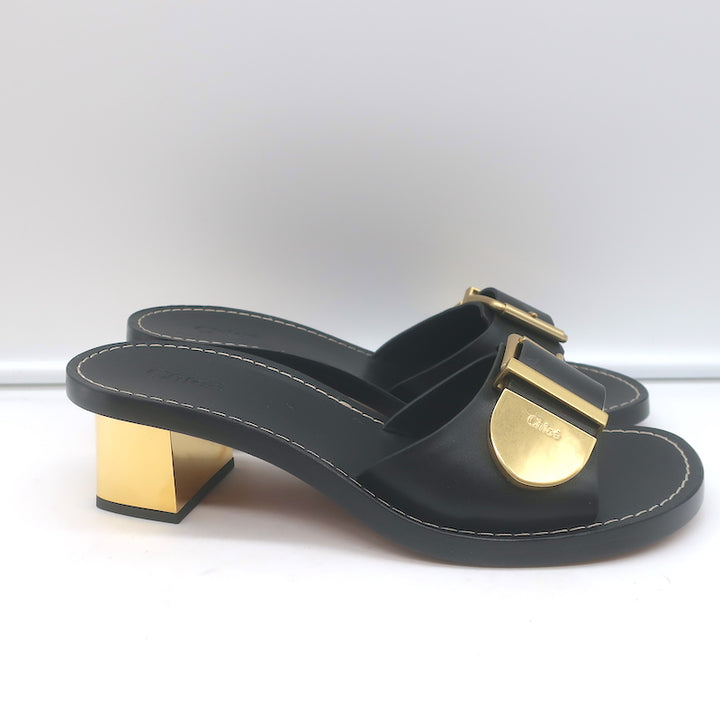 Chloe Rebecca Buckle Mules Black Leather Size 36 Block Heel Sandals NEW