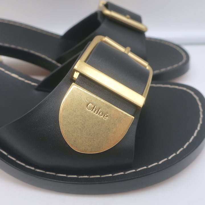 Chloe Rebecca Buckle Mules Black Leather Size 36 Block Heel Sandals NEW