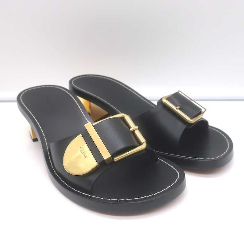 Chloe Rebecca Buckle Mules Black Leather Size 36 Block Heel Sandals NEW