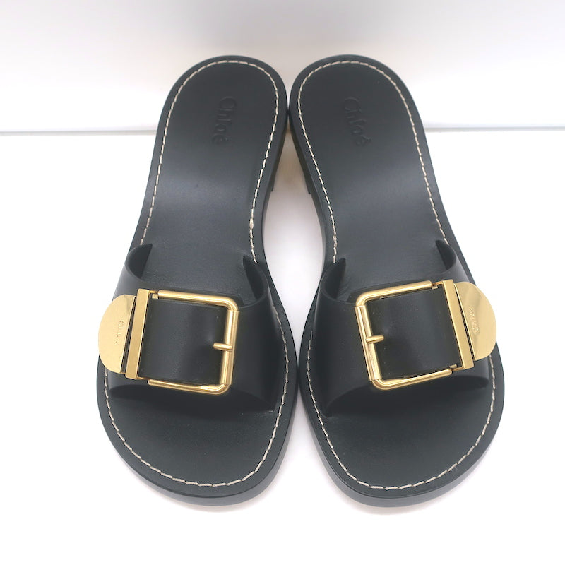 Chloe Rebecca Buckle Mules Black Leather Size 36 Block Heel Sandals NEW
