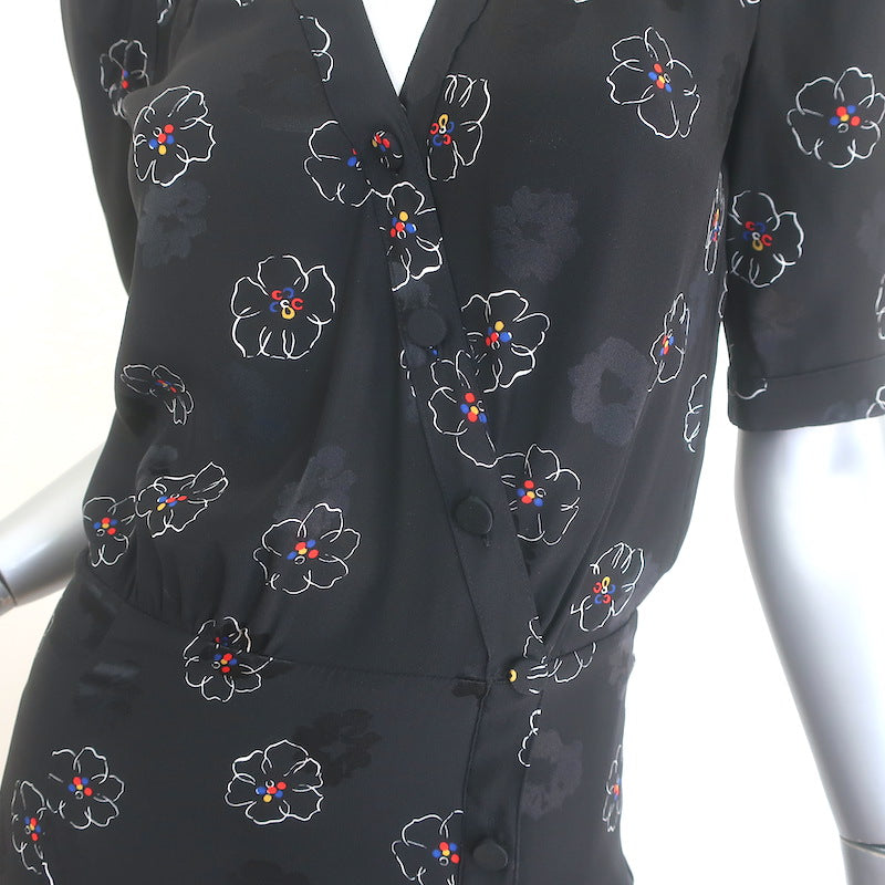 Veronica Beard Mika Short Sleeve Midi Dress Black Floral Print Silk Size 0