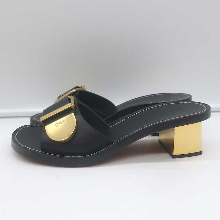 Chloe Rebecca Buckle Mules Black Leather Size 36 Block Heel Sandals NEW