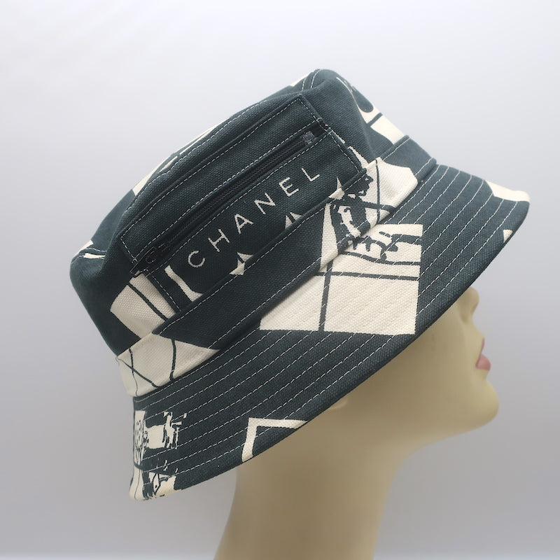 Chanel Window Print Bucket Hat Black &amp; White Canvas Size Medium