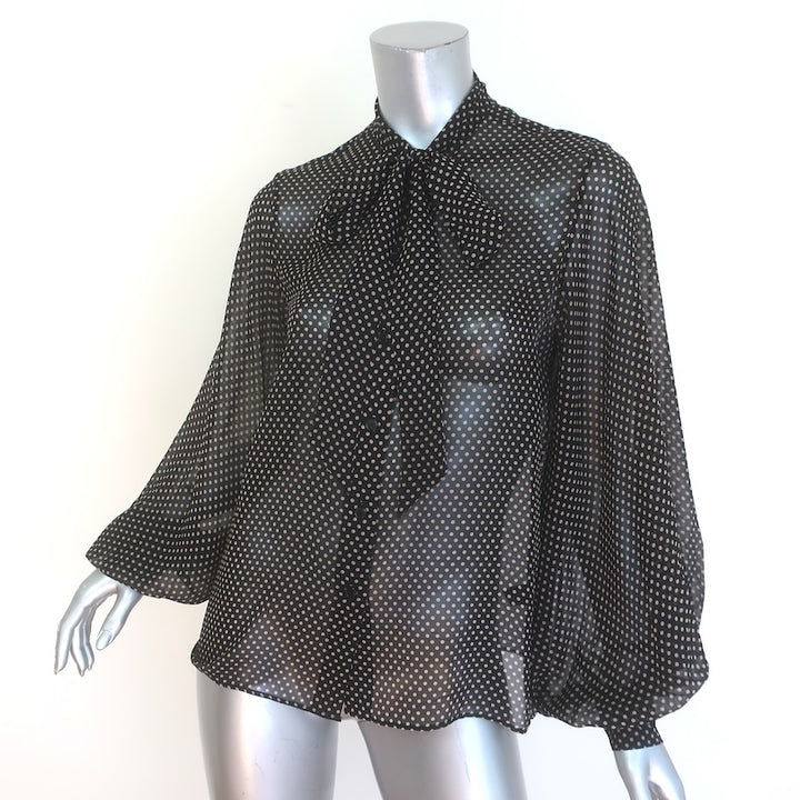 Nili Lotan Polka Dot Blouson Sleeve Tie-Neck Blouse Black Silk Size Extra Small