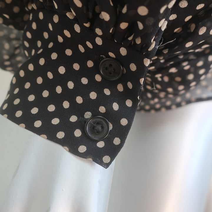 Nili Lotan Polka Dot Blouson Sleeve Tie-Neck Blouse Black Silk Size Extra Small