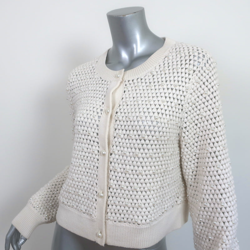 Alice + Olivia Faux Pearl Cardigan Kitty Ivory Crochet Wool Size Large