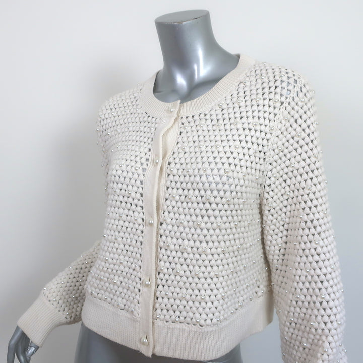 Alice + Olivia Faux Pearl Cardigan Kitty Ivory Crochet Wool Size Large