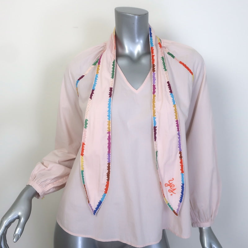 Lingua Franca Embroidered Tie-Neck Blouse Light Pink Cotton Size Extra Small