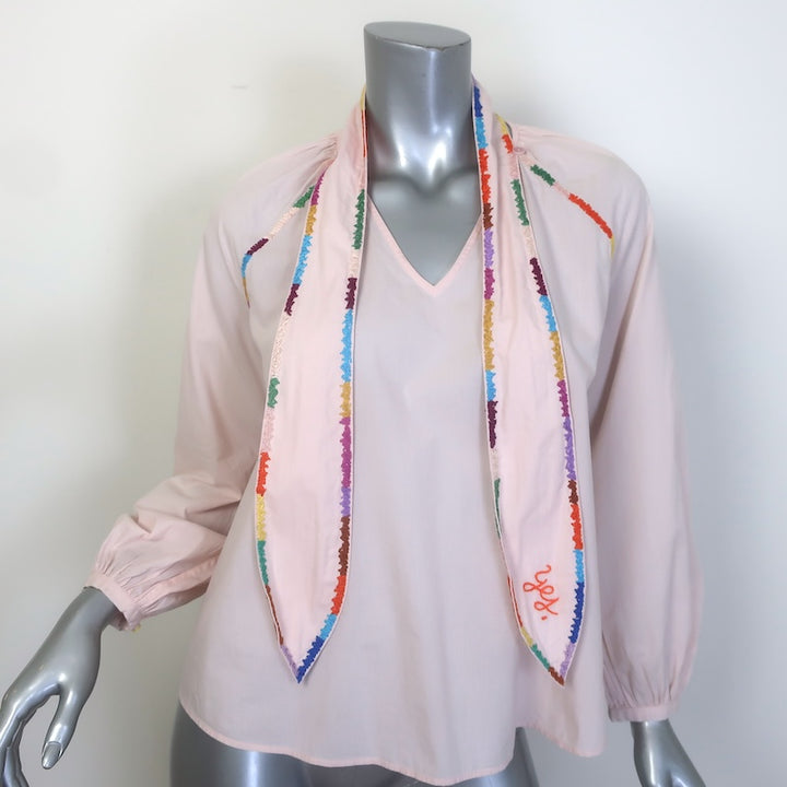 Lingua Franca Embroidered Tie-Neck Blouse Light Pink Cotton Size Extra Small