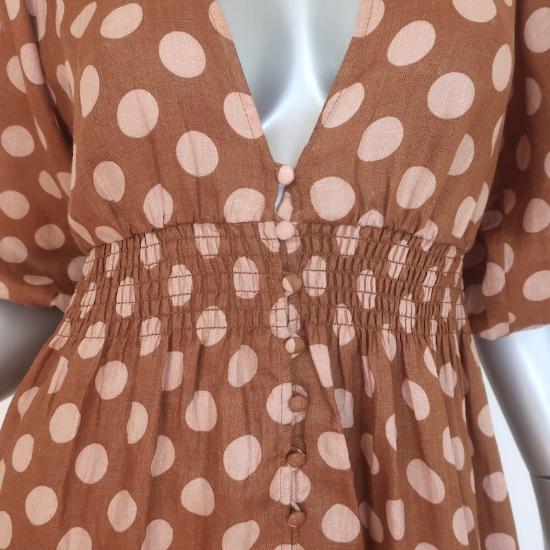 Zimmermann Primrose Puff Sleeve Polka Dot Midi Dress Brown/Pink Linen Size 0