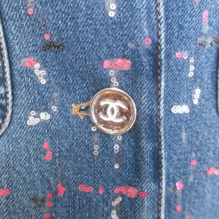 Chanel 23A Sequined Denim Jacket Blue Cotton Size 38 NEW