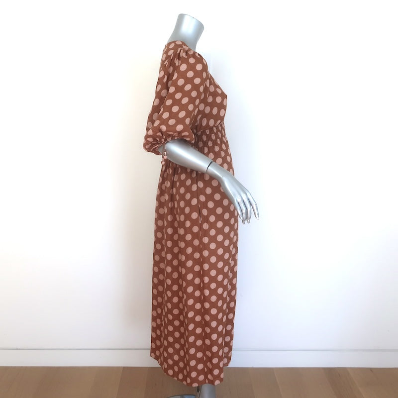 Zimmermann Primrose Puff Sleeve Polka Dot Midi Dress Brown/Pink Linen Size 0