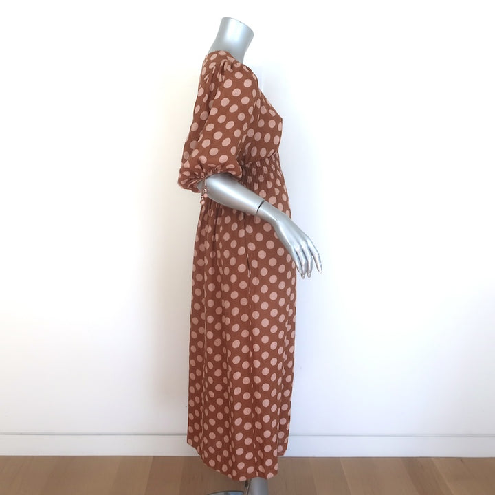 Zimmermann Primrose Puff Sleeve Polka Dot Midi Dress Brown/Pink Linen Size 0