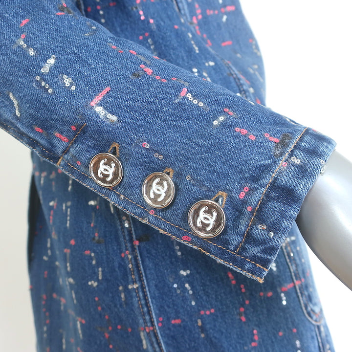 Chanel 23A Sequined Denim Jacket Blue Cotton Size 38 NEW