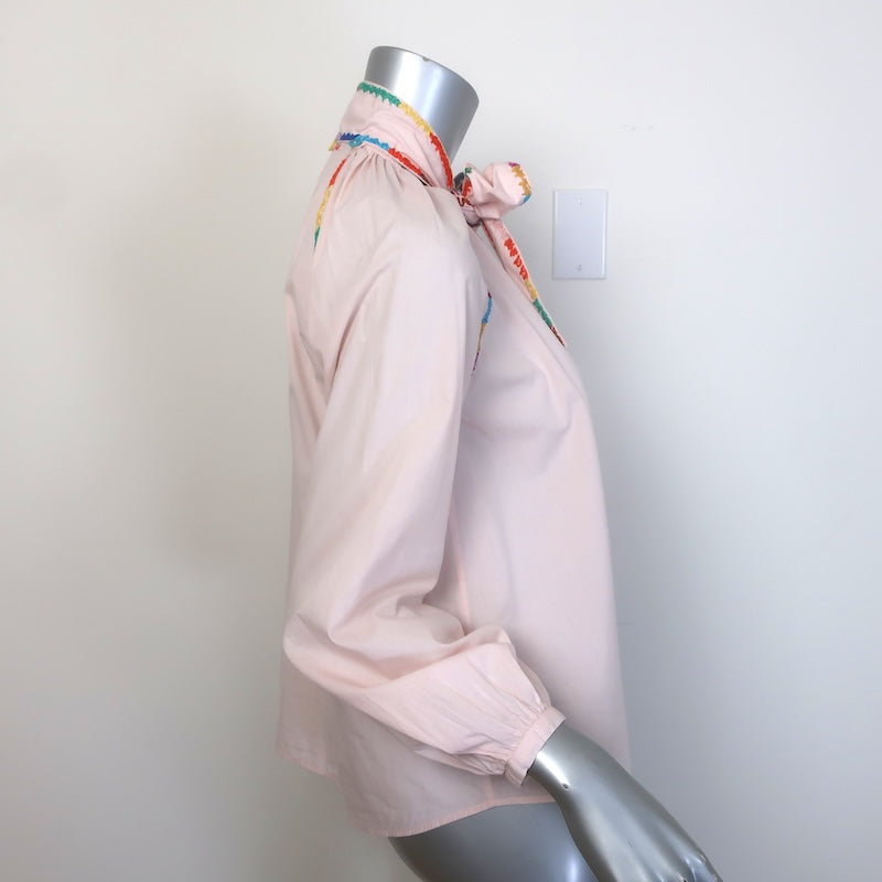 Lingua Franca Embroidered Tie-Neck Blouse Light Pink Cotton Size Extra Small