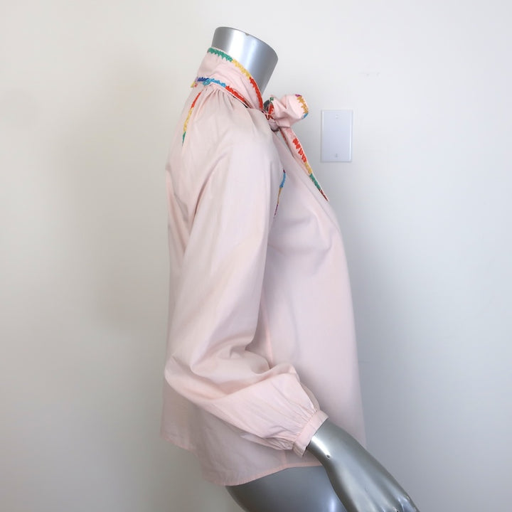 Lingua Franca Embroidered Tie-Neck Blouse Light Pink Cotton Size Extra Small