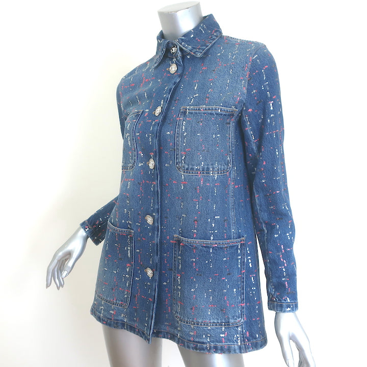Chanel 23A Sequined Denim Jacket Blue Cotton Size 38 NEW