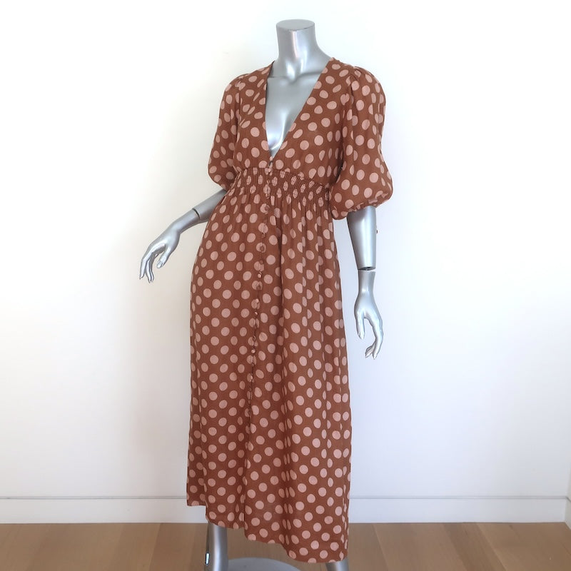 Zimmermann Primrose Puff Sleeve Polka Dot Midi Dress Brown/Pink Linen Size 0