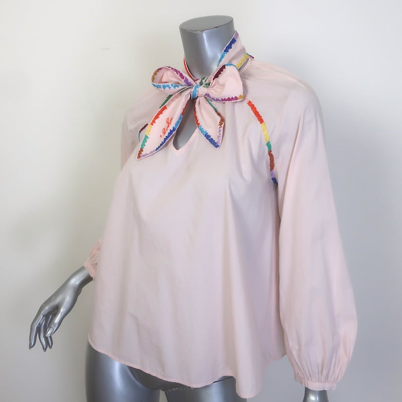 Lingua Franca Embroidered Tie-Neck Blouse Light Pink Cotton Size Extra Small