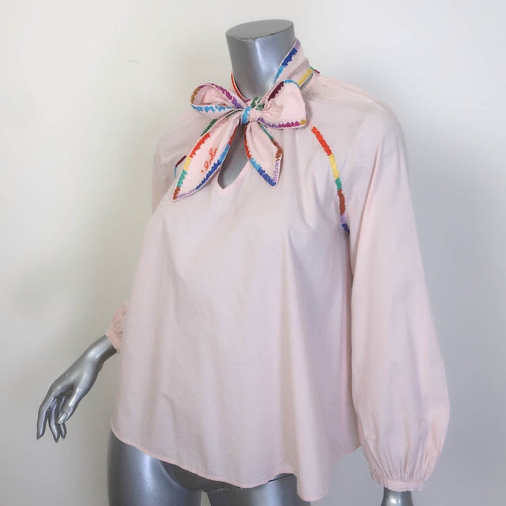 Lingua Franca Embroidered Tie-Neck Blouse Light Pink Cotton Size Extra Small