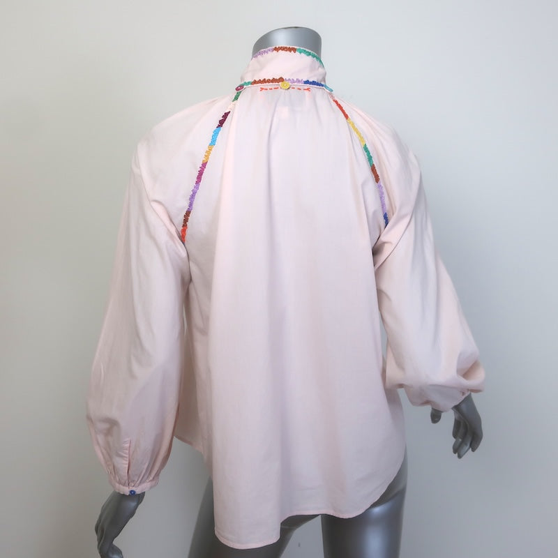 Lingua Franca Embroidered Tie-Neck Blouse Light Pink Cotton Size Extra Small