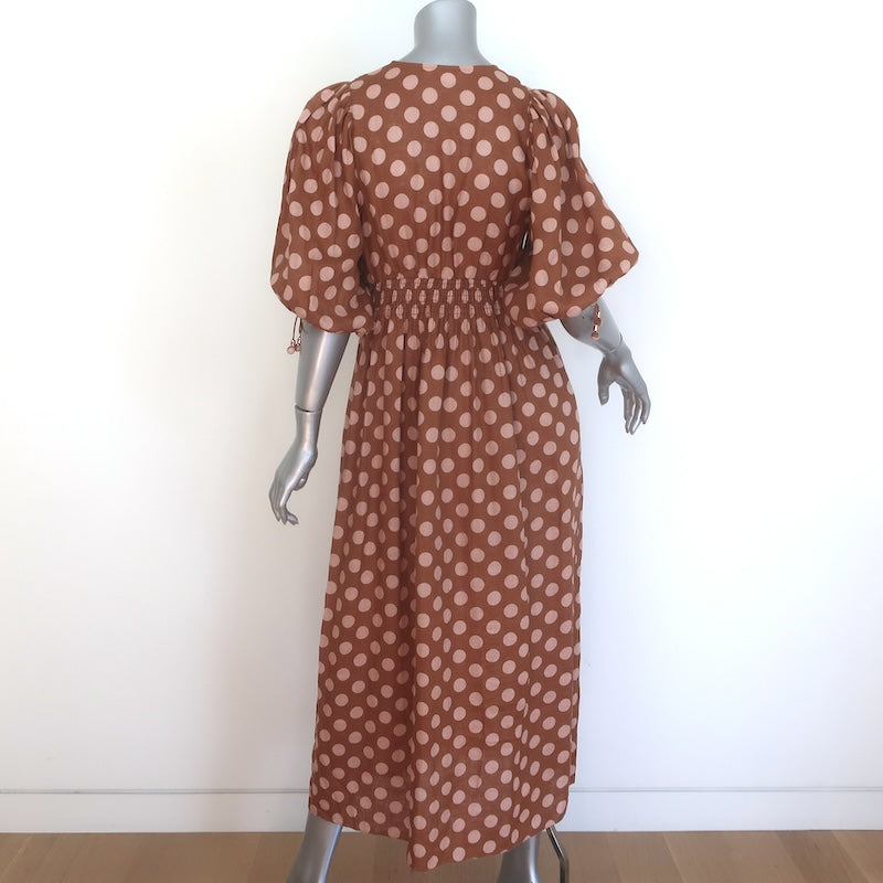 Zimmermann Primrose Puff Sleeve Polka Dot Midi Dress Brown/Pink Linen Size 0