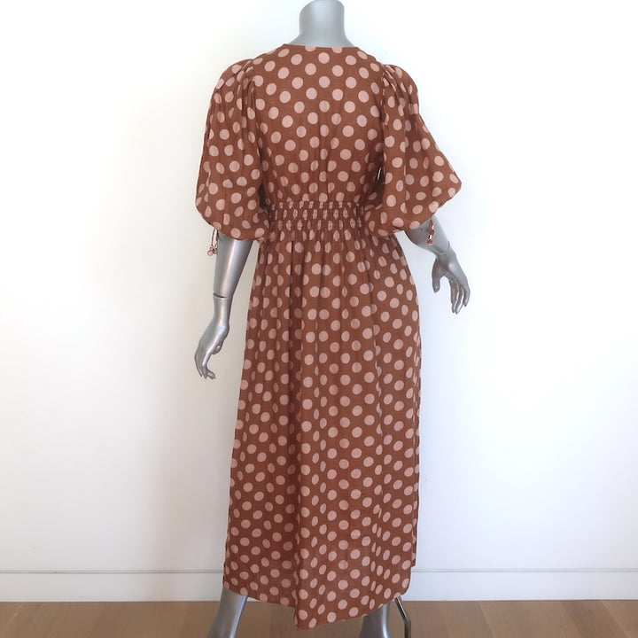 Zimmermann Primrose Puff Sleeve Polka Dot Midi Dress Brown/Pink Linen Size 0