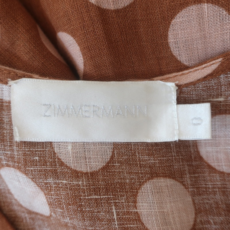 Zimmermann Primrose Puff Sleeve Polka Dot Midi Dress Brown/Pink Linen Size 0