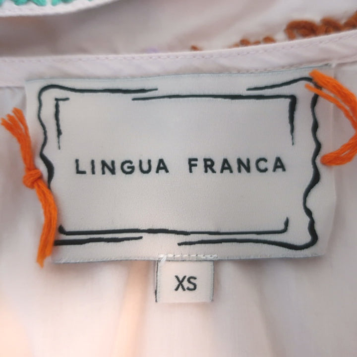 Lingua Franca Embroidered Tie-Neck Blouse Light Pink Cotton Size Extra Small