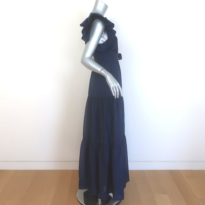 Jonathan Simkhai Banks Flutter Sleeve Tiered Maxi Dress Navy Taffeta Size 4