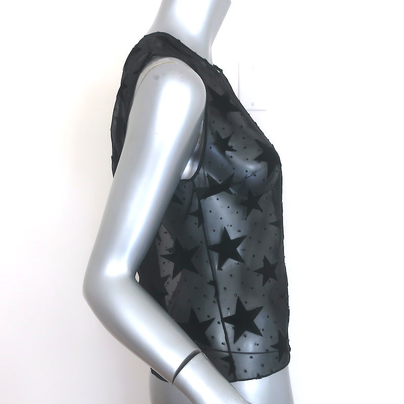 Saint Laurent Star Print Sleeveless Top Black Velvet Burnout Chiffon Size 38