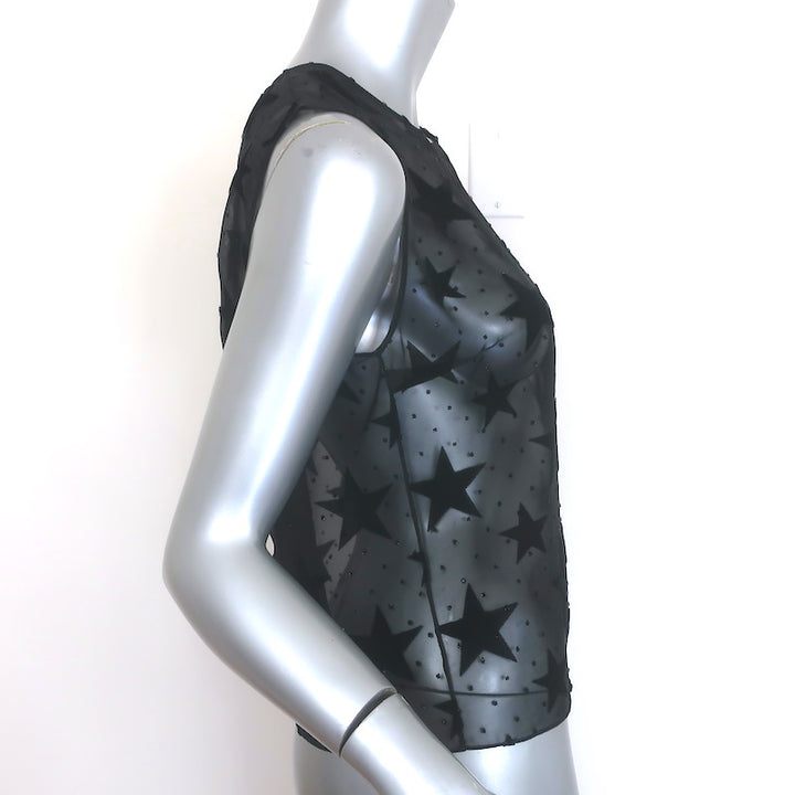 Saint Laurent Star Print Sleeveless Top Black Velvet Burnout Chiffon Size 38