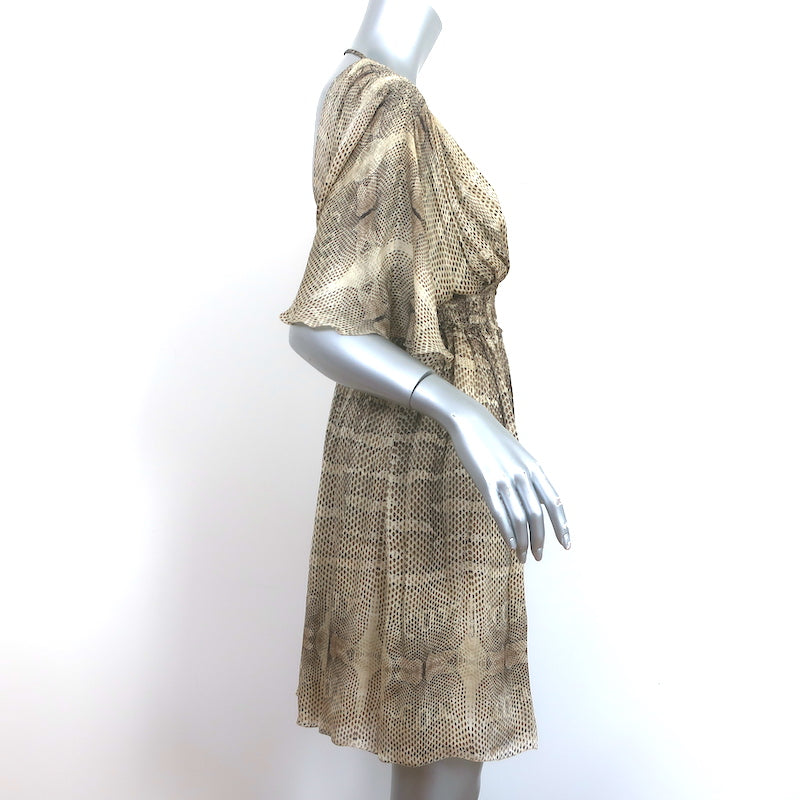 Roberto Cavalli Snakeskin Print Short Sleeve Dress Beige Silk Chiffon Size 40