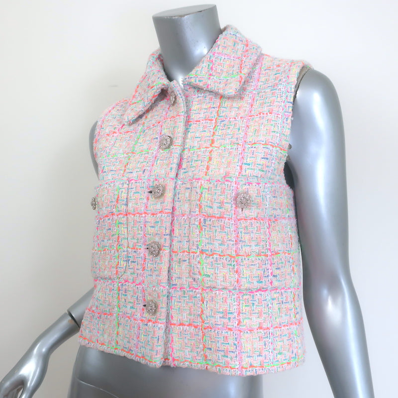 Chanel 24C Tweed Jewel-Button Vest Light Pink/Neon Cotton-Blend Size 38