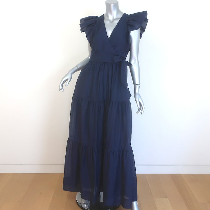 Jonathan Simkhai Banks Flutter Sleeve Tiered Maxi Dress Navy Taffeta Size 4