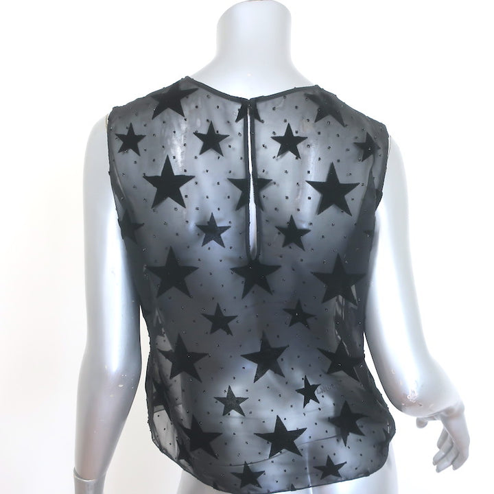 Saint Laurent Star Print Sleeveless Top Black Velvet Burnout Chiffon Size 38